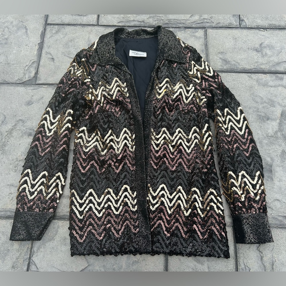 Vintage 70s Lee Jordan Big Collar Sequined Open Front Disco Studio 54 Jacket S